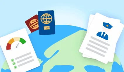 Illustration of a globe with illustrations depicting a passport, credit search, and criminal record check.