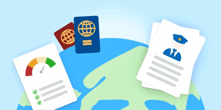 Illustration of a globe with illustrations depicting a passport, credit search, and criminal record check.