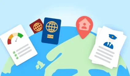 Illustration of a globe with illustrations depicting a passport, credit search, and criminal record check.