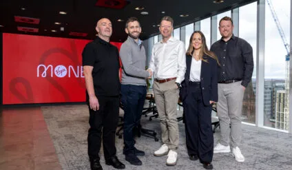 Amiqus and Virgin Money teams at at Virgin Money, Bothwell Street, Glasgow. L to r David Blainey, Callum Murray, Graeme Sands , Christina Escobar, Richie Stewart.