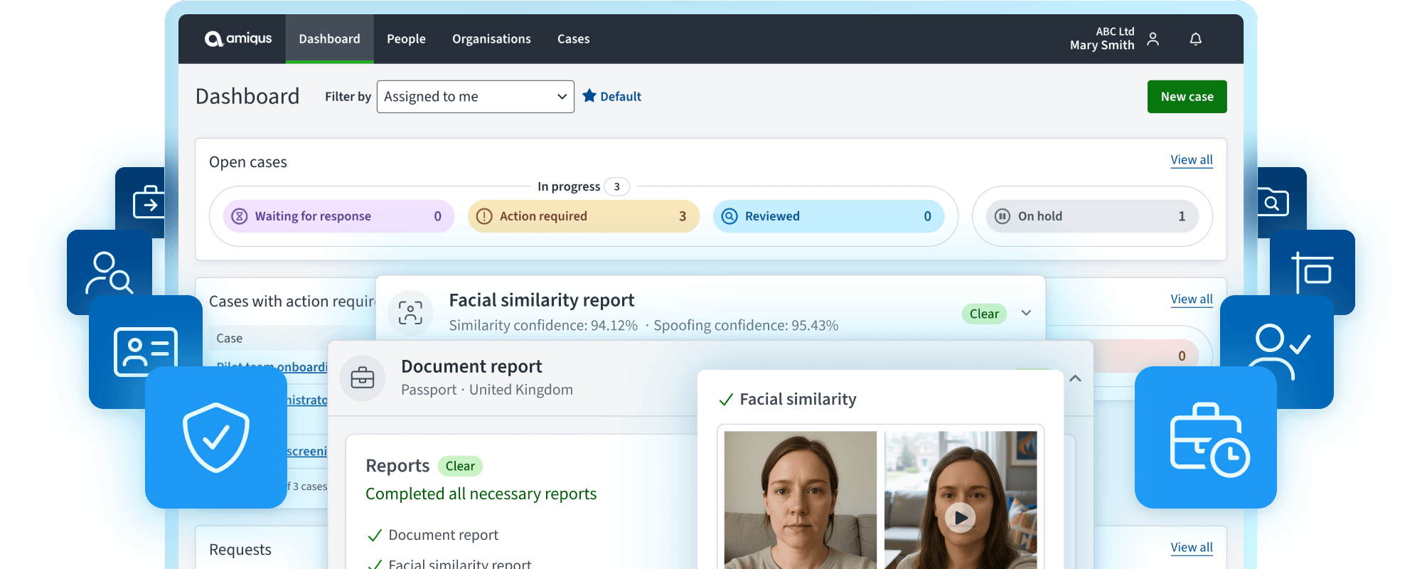 Amiqus platform UI snippets