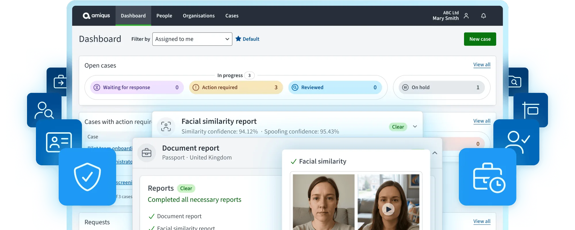 Amiqus platform UI snippets